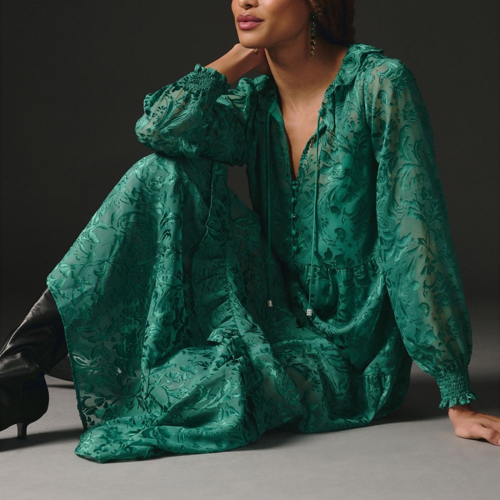 Anthropologie Marais Maxi Dress Green Satin-Burnout Edition XS 0 2 NWT